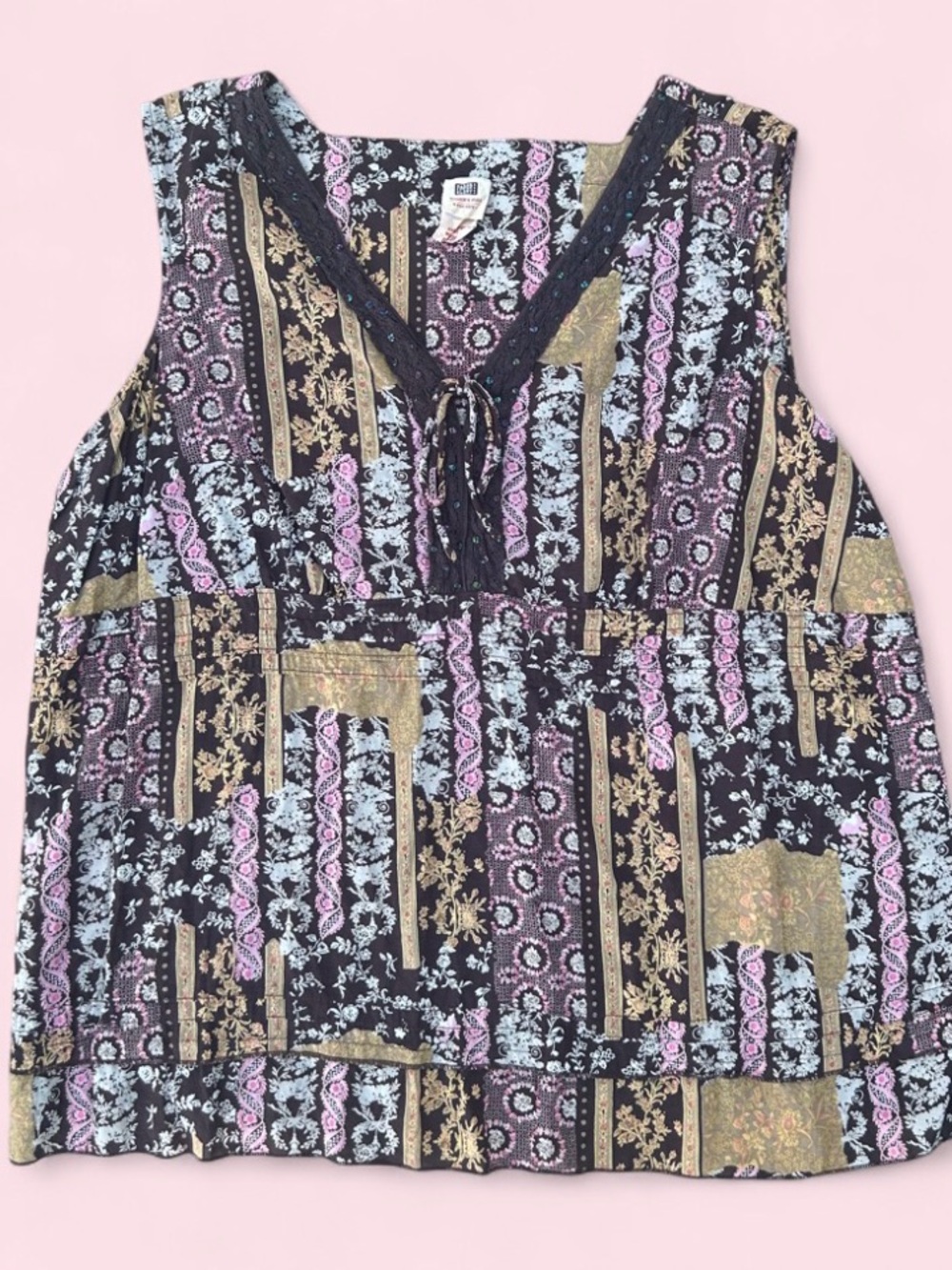 Vintage Y2k Plus size Black Floral Patchwork Camisole with Pink & Gold Accents